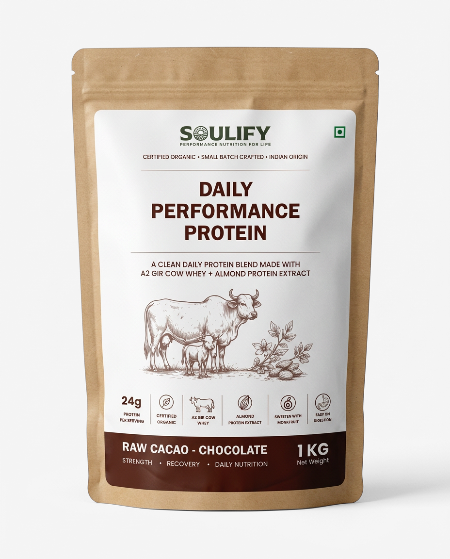 Soulify Daily Performance Protein – Raw Cacao Chocolate | Organic A2 Gir Cow Whey + Almond Protein | 24g Protein |