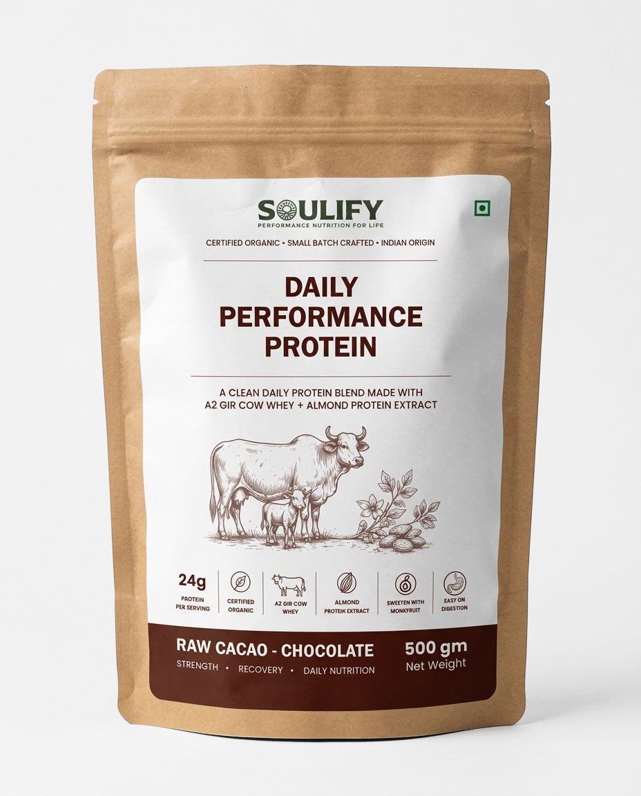 Soulify Daily Performance Protein – Raw Cacao Chocolate | Organic A2 Gir Cow Whey + Almond Protein | 24g Protein |