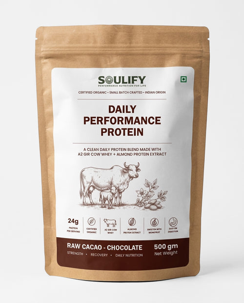 Soulify Daily Performance Protein – Raw Cacao Chocolate | Organic A2 Gir Cow Whey + Almond Protein | 24g Protein |