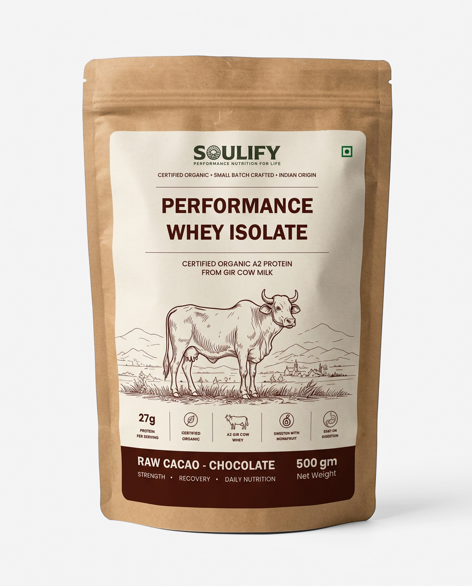 Soulify Performance Whey Isolate – Raw Cacao Chocolate | Certified Organic A2 Gir Cow Whey Isolate | 27g Protein |